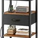 SUPERJARE Nightstand with Charging Station, Bed Side Table with Adjustable Fabric Drawer, Night Stand for Bedroom, 3-Tier Storage End Table, for Living Room, Rustic Brown and Black (M (11.8"D x 15.7"W x 23.4"H))