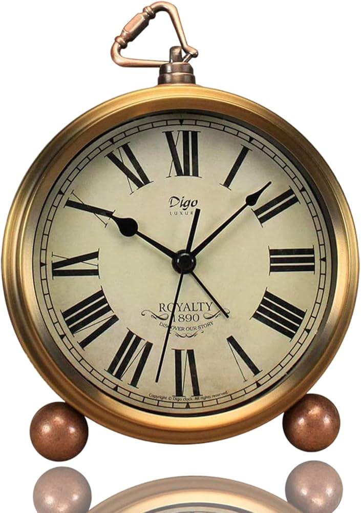 Golden Table Clock, Retro Vintage Non-Ticking Table Desk Alarm Clock Battery Operated Silent Quartz Movement HD Glass for Bedroom Living Room Indoor Decoration Kids (Roman)
