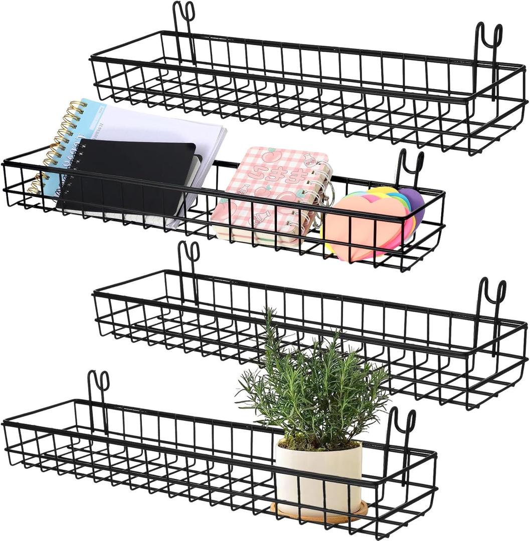4 Pcs Wire Baskets Wall Grid Panel Hanging Wire Basket Hanging Wall Baskets No Drilling Wall Hanging Baskets Grid Wall Storage Basket for Kitchen Bathroom Home Decor Supplies, Black