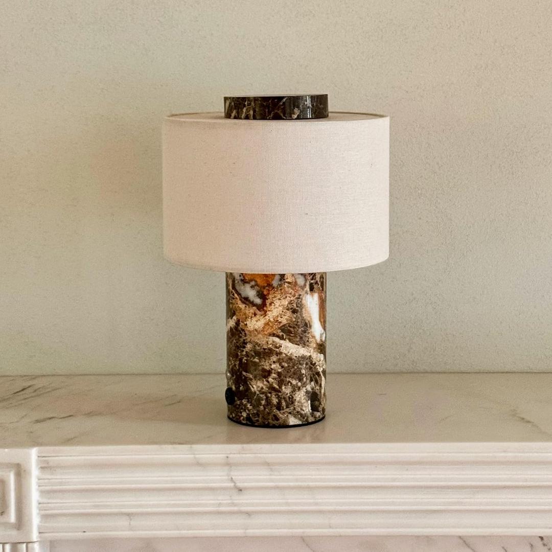Marble Lamp, Stone Table Lamps Collection - Modern Cylindrical Lampshade Cordless Luxury Design Bedside Brown Lamp for Home Decor, Bedroom, Living Room & Office (Rechargeable Emperador Dark Lamp)
