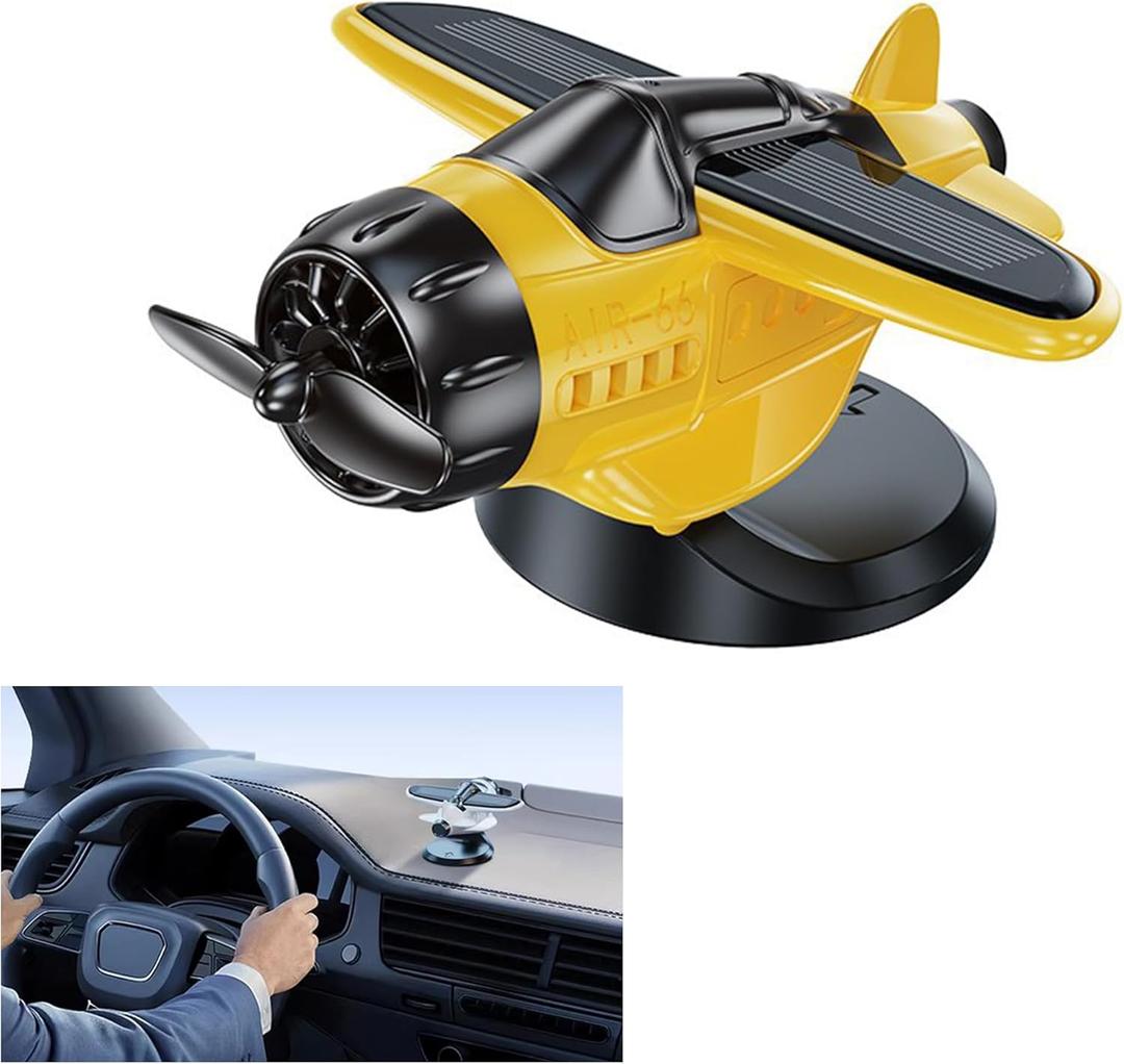 Solar-Powered Moving Airplane Car Decor  Solar Helicopter Planes Dashboard Ornament, Car Interior Accessory Auto-Rotating Suitable for Car Office Home Decor Xmas New Year Birthday Gift (Yellow)