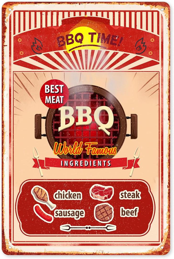BBQ TIME Best Meat BBQ Ingredients Chicken Steak Sausage Beef, Vintage Tin Metal Sign Outdoor Retro - Funny Distressed Grilling Sign for Home Decorating, Great Gift Idea, 8 x 12 Inch