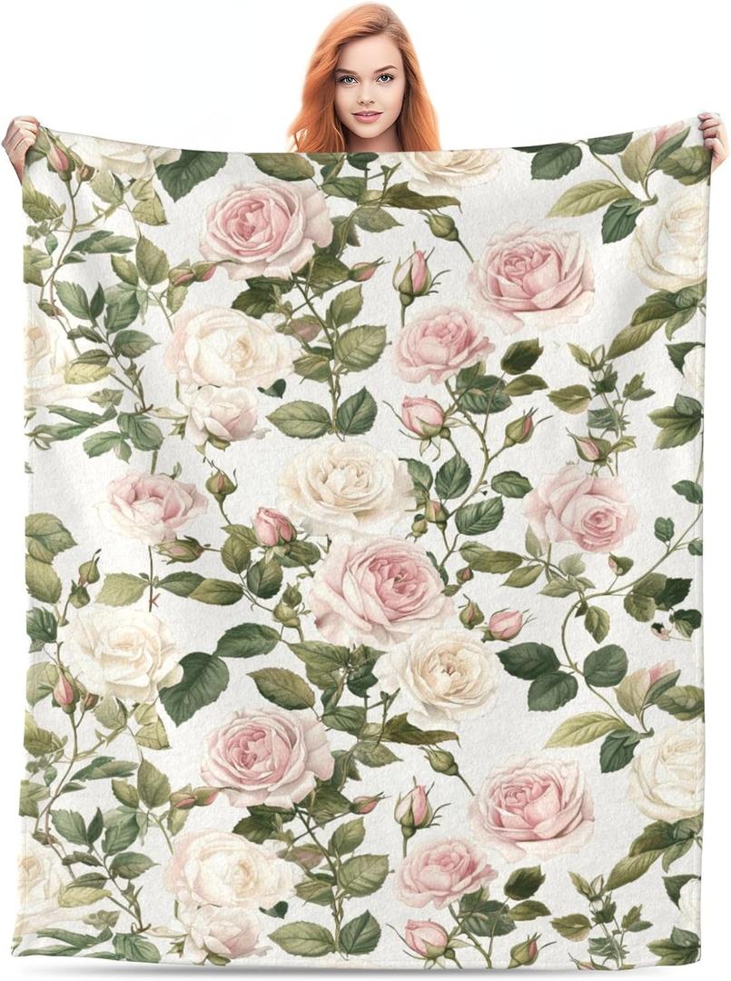 Pink Cream Roses Throw Blanket Spring Summer Lightweight Flannel Bedding Blanket,Washable Fleece Throw Botanical Floral Blanket Cozy Blankets for Bed, Couch, Sofa, Camping,80''x 60''