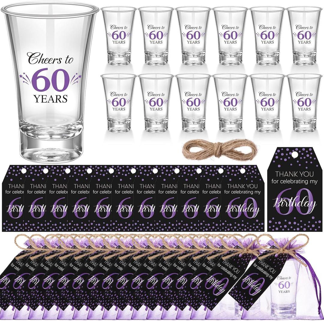 Pickmesh 50 Sets Black Purple Birthday Party Favors for Guests Souvenir Multicolor 60 Years Old Gift Bulk Acrylic Clear 1.2oz Shot Glasses with Thank You Cards and Gift Bags, 40/50/60/70th Birthday