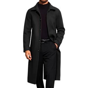 Runcati Men's Long Trench Coat Single Breasted Lapel Overcoat Casual Fall Winter Warm Pea coat (Medium, Black)