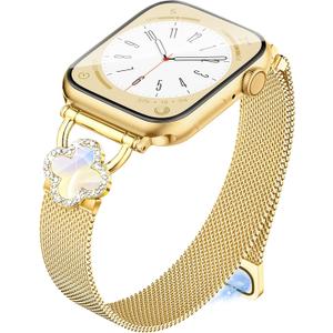 Melyis Magnetic Clover Band Fits Apple Watch Bands for Women 42mm 41mm 40mm 38m, Milanese Stainless Steel iWatch bands, Dressy Band for Apple Watch Band Series 11 10 9 8 7 6 5 4 3 2 SE-Gold