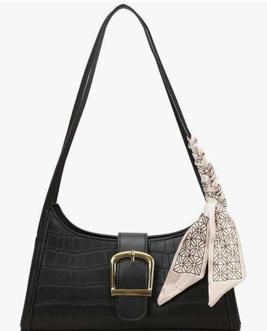 Womens Elegant Shoulder Bags Small Totes PU Leather Underarm Purse Handbag Stone Pattern Top Handle Satchel, Black