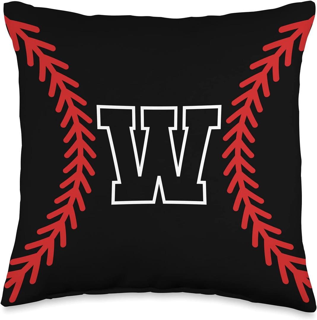 Letter Initial W Baseball Softball Black Red Monogram Throw Pillow, 16x16