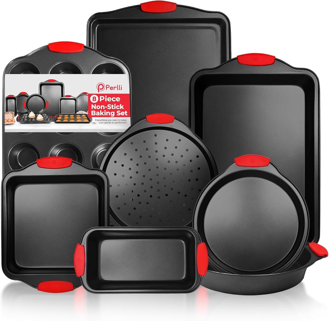PERLLI Non-Stick 8-Piece Baking Pan Set, BPA-Free Carbon Steel Bakeware Set with Silicone Handles, Stackable Kitchen Oven Set, Cookie Sheet, Baking Tray, Baking Sheet Set, Oven Safe (446F)