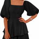 Zenlonr Women's Summer Romper 2025 Casual Puff Short Sleeve Ruffle Layer Tie Mini Short Jumpsuits Beach Party (Black) S