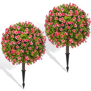 Fake Plants - 18" Wide Set of 2 Faux Boxwood Plants for Outdoor Planters, UV Resistant Artificial Topairy Ball Trees with Spike for Outdoor Decor (A - Pink Lilacs)
