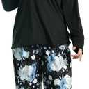 Vozanet Women Plus Size Pajama Sets Sexy V Neck Long Sleeve Long Pants Sleepwear Elegant Floral Patterns Lounge Set Size XL to 5X for Winter Nighty, Black/ Blue Flowers, 4X-Large