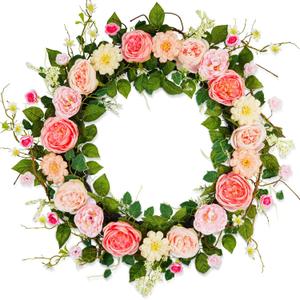24Inch Valentines Day Wreath Decor, Artificial Rose Pink Flower Wreath with Berry Eucalyptus Green Leaf, Valentines Wreaths for Front Door Wedding Anniversary Party Candlelight Dinner Decorations