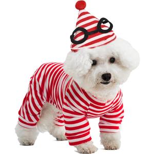 Red and White Striped Dog Halloween Costumes 2 Pcs Puppy Jumpsuit with Hat for Halloween Party (Red and White, Medium)