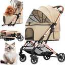 Medium Dog Stroller, Kenyone Pet Stroller for Medium Dogs Up to 55lbs, Lightweight Aluminum Frame, One Click Folding, Large Cat Stroller with No Zip Entry, Detachable Mesh, Multiple Pockets (Khaki)