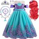 Princess Little Mermaid Costume for Girls Mermaid Wig Princess Ariel Cosplay Dress Up for Birthday Party Halloween Costume (130(5-6T), Leis Mermaid Dress With Necklace)