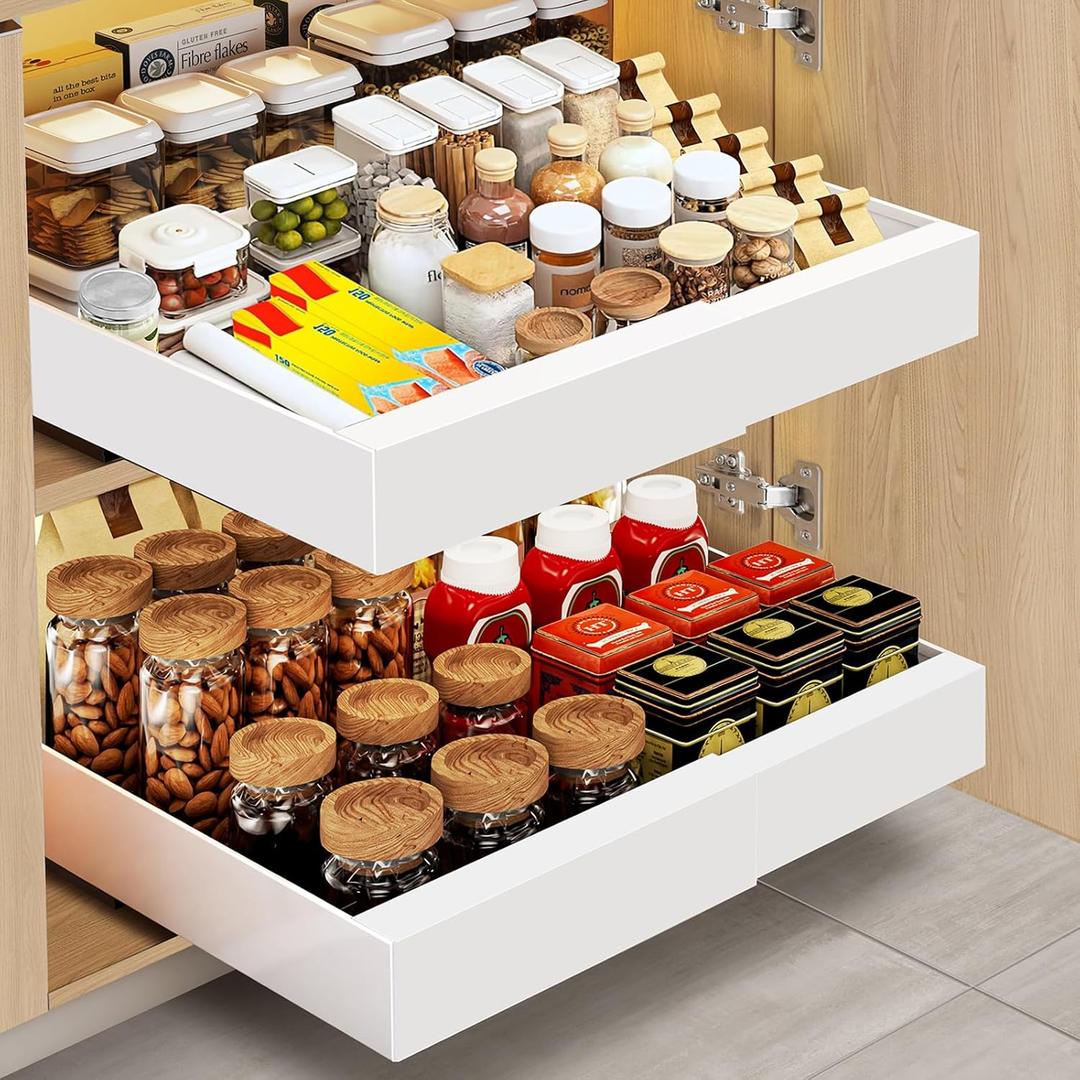 2-Pack Expandable Pull Out Cabinet Organizer, 21" Deep Adhesive Slide Out Drawer with 3 Slide Rails, Upgraded Raisers for Cabinet with Frame/Lip, Heavy Duty Roll Out Shelves, Width 12"-20.5" (White)