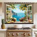Mediterranean Kitchen Wall Decal, Lemon Window View Wall Sticker with Coastal Sea and Sailboat Scene, Faux Window Kitchen Wall Decor for Dining Room or Coffee Bar, 35.5 x 23.6 Inches (Blue/Yellow)