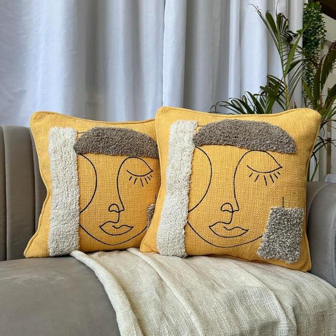 Cotton Cushion Pillow Covers | 16x16 inch Soft Pillow Case with Hidden Zipper | Embroidered Cushion Cases for Sofa, Bedroom, Livingroom, Chair, Car | Set of 2 Cushion Cover for Home Décor