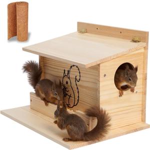 Squirrel House, Squirrel Box, Squirrel Houses for Outside, Squirrel Boxes with Front Feeder, Nesting Box, Wooden Houses with Predator Guard Design for Squirrels, Chipmunk and Small Animals