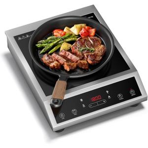 1800W Induction Cooktop, Single Burner with Dual IGBT Power Control, 10 Power & Temperature Levels, Stable Low-Heat Cooking, Touch Control, Stainless Steel Induction Cooker (Silver)