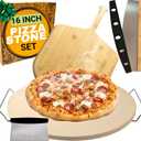 Large Pizza Stone for Oven 16 inch - Round Pizza Stone for Grill with Handles, Wood Pizza Peel and Cutter Set - Baking Stone for Bread - Pizza Making Kit Accessories - Gifts for Food Lovers