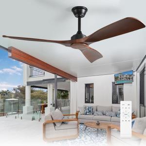 Depuley Ceiling Fan Without Light: 52 Inch 3 Blade Outdoor Fans for Patios - Walnut Ceiling Fan No Light Indoor Remote Control Ultra Quiet DC Motor Reversible 6 Speed Timer