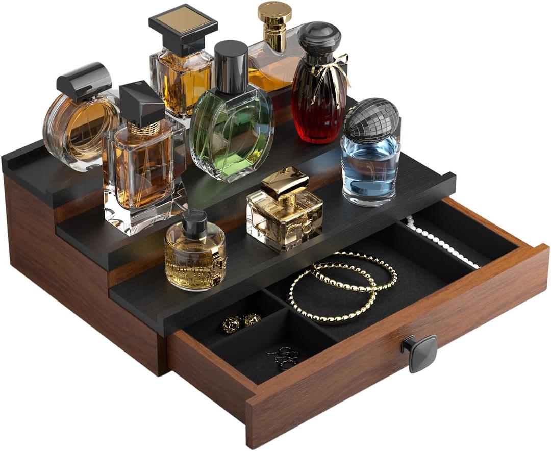 TIRYIUOU Cologne Organizer for Men: with Drawer, 3 Tier Wooden Cologne Stand Desktop Perfume Display Shelf, Bedroom Dresser Makeup Lotion Jewelry Storage Organizer