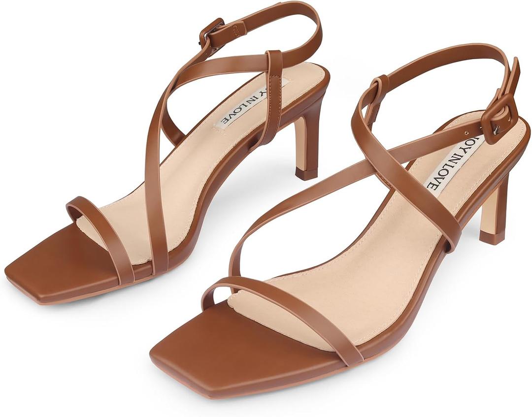 JOY IN LOVE Womens 2.5 Inch Kitten Heels Low Heel Square Open Toe Strappy Sandals (Brown) 10