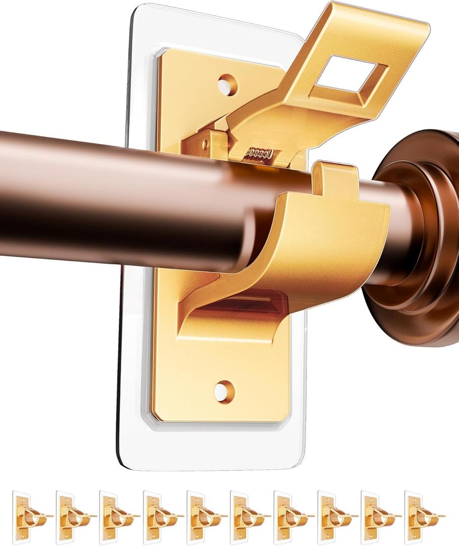 No Drill Curtain Rod Brackets, (10-Pack) Gold Self Adhesive Curtain Rod Holders Nail-Free No-Screw, Adjustable Hangers Hooks for Curtain Rods up to 1.18" Dia