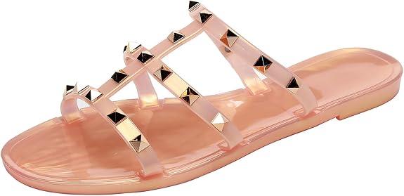 OMGard Women Flats Sandals, Studded Jelly Shoes Size 8.5 Gold Glitter Dressy Summer Beach Rivets Strappy Jellies Slide Slip On Open Toes, Size 40