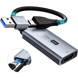 USB 3.0 Video Capture Card with 100W PD - HDMI to USB/USB-C Capture Card 1440P 30fps & 1080P 60fps Video Capture Device for Streaming, Game Recording, Compatible for Quest 3, Switch, PS4/PS5