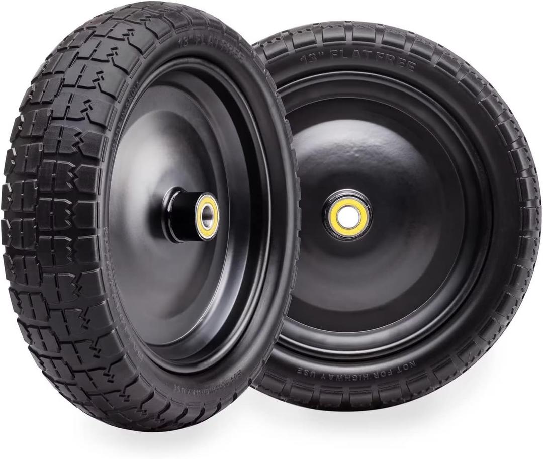 4.00-6 Flat Free Solid Polyurethane Tire and Wheel 2 Pcs, 13 Inch PU Airless Tires Replacement with 5/8" Ball Bearings, Easy Fit for Lawn Garden Carts, Hand Trucks, Generators More, 2 Pack