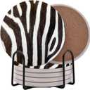 Exotic Zebra Print Black White Country Farm Round Coasters Set of 6 - Abosrbent Ceramic with Metal Stand for Drinks, Coffee, Non-Slip Cork Back (Zebra)