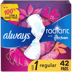 Always Radiant Feminine Pads for Women, Flexfoam Pads with Wings, Size 1, Regular Absorbency, Lightly Sscented, Up to Zero Leaks, Zero Feel Protection, 42 Count (Packaging May Vary)