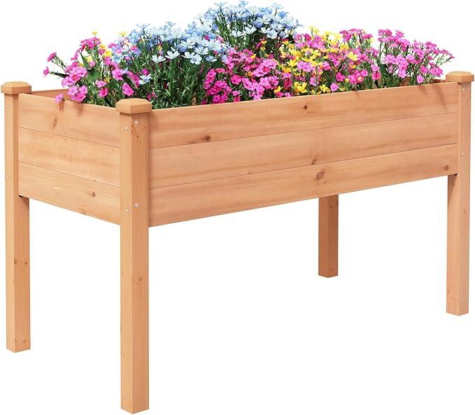 BIRASIL Outdoor Raised Garden Bed, Wood Planter Box for Vegetable Flower, Elevated Reinforced Large Garden Planters Boxes for Backyard Patio Gardening Balcony (48”L, Brown)