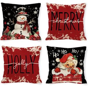 Christmas Snowman Pillow Covers Xmas Santa Claus 20 x 20 Inch Throw Pillows, Merry Christmas Seasonal Cardinal Poinsettia Decorative Farmhouse Cushion Case for Sofa Couch Set of 4