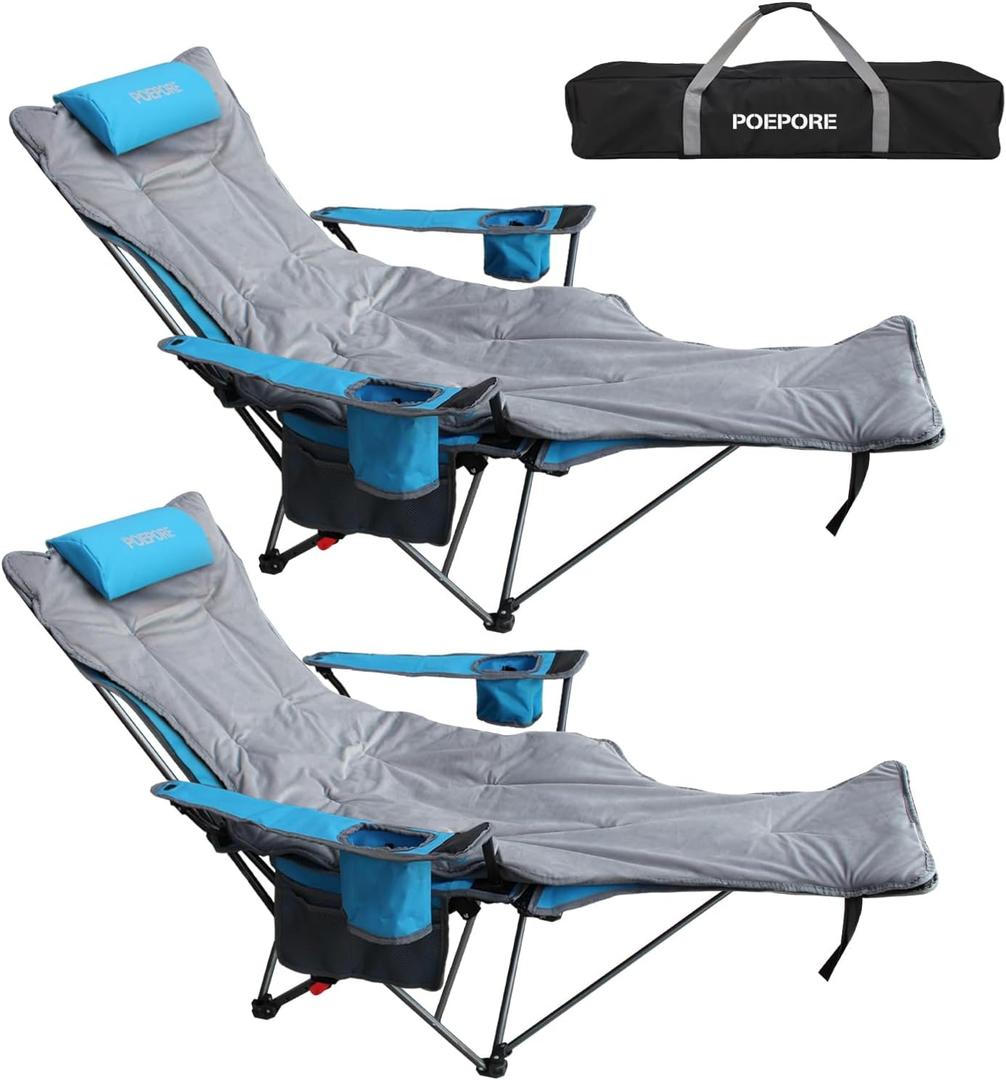 Reclining Camping Chair with Removable Footrest Lounge Chair with Headrest, Cotton Cushion, Portable Adjustable Folding Chairs (2 Pack, Blue)