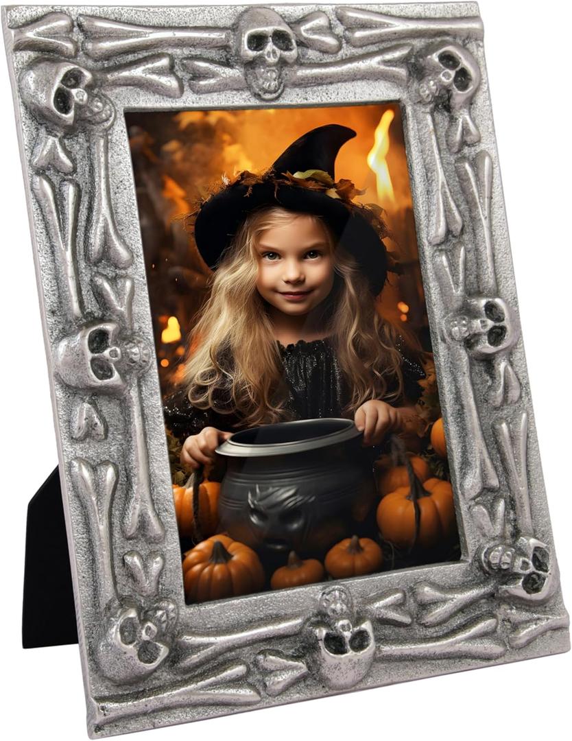 AHC HOME & LIVING 4x6 Halloween Picture Frame  Antique Silver Skeleton Metal Photo Holder, Gothic Haunted House Dcor for Tabletop & Wall Display