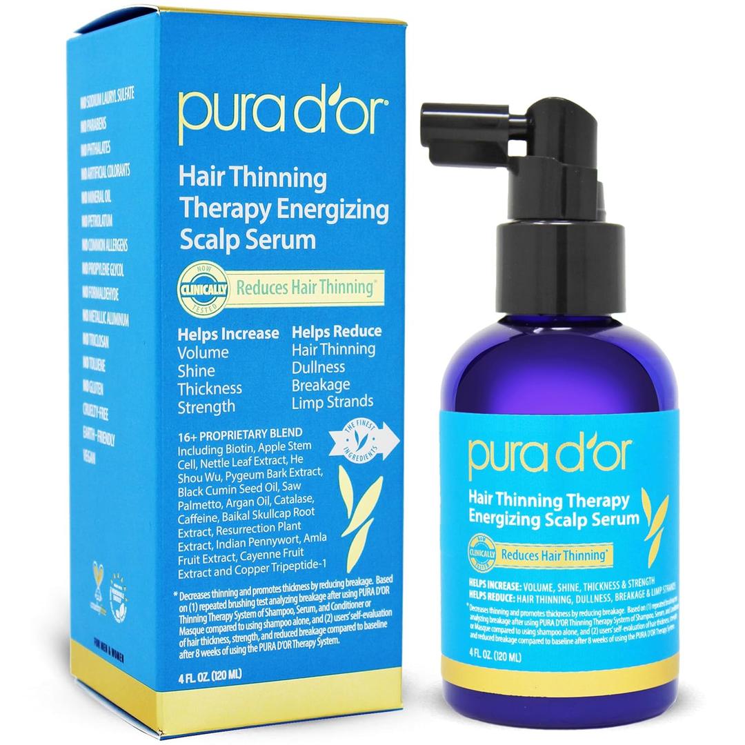 PURA D'OR Hair Thinning Therapy Energizing Scalp Serum 4oz w/Copper Tripeptide, Biotin, Caffeine, Plant Stem Cell, Catalase & DHT Balance, Rosemary Green Tea Leaf Extract, All Hair Types, Men Women