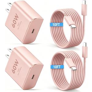60W USB C Super Fast Charger Type C Android Phone Charger Fast Charging Block with 10ft USB-C to USB-C Cord Compatible with Samsung Galaxy S26 Ultra/S26/S26+/S25/S25 Ultra/S25+/S24, MacBook, iPad,pink