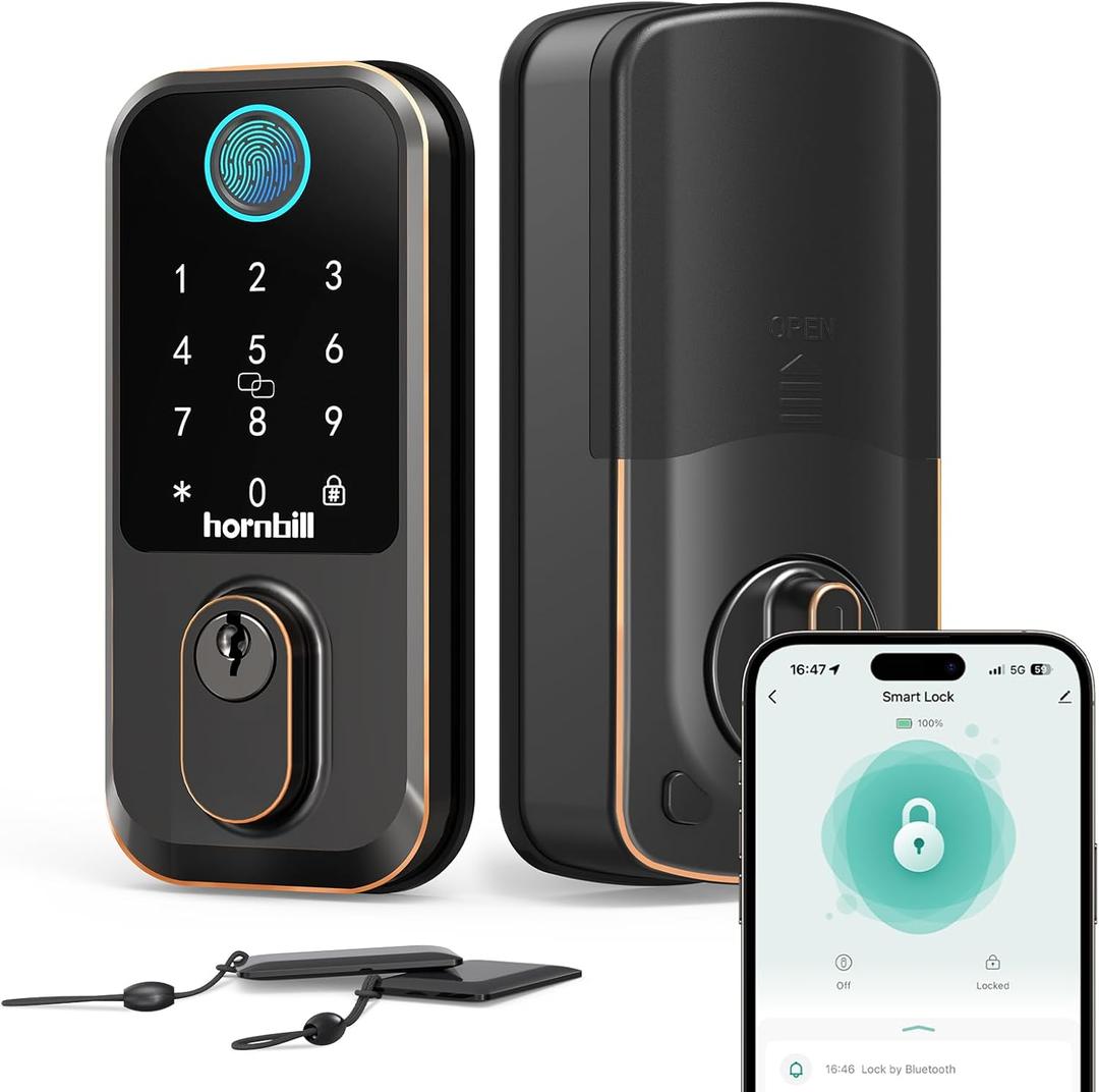 Keypad Wi-Fi Door Locks Smart: Biometric Deadbolt for Front Door, Hornbill Keyless Entry Door Lock Works with Alexa, Keyless Entry Unlock, Auto-Lock/Voice Control for New House, Oil Rubbed Bronze