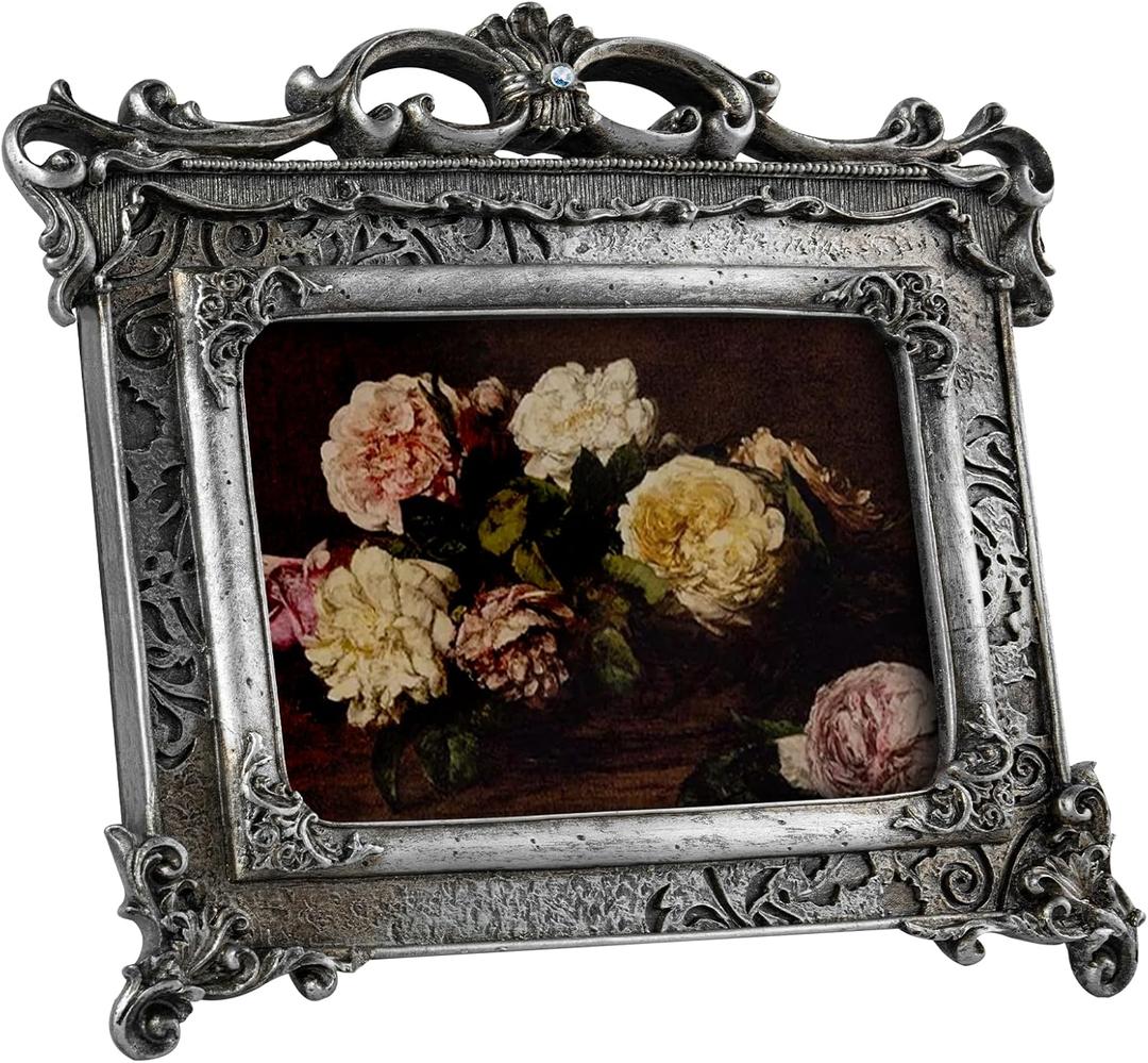 5x7 Baroque Picture Frame Silver, Victorian Vintage Ornate Design, Glass Front, Tabletop & Wall Display, Horizontal Orientation