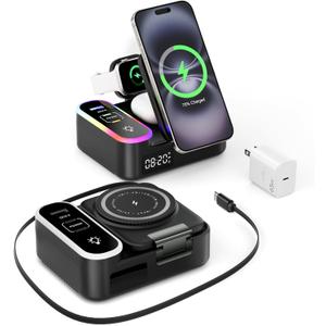 8-in-1 Charging Station 65W, 15W Magnetic Wireless Charger with Retractable Cable, 30W USB C Fast Charging Stand for iPad, Multiple Devices for iPhone 17 16 15 14 13 12 Pro Max Apple Watch Airpods