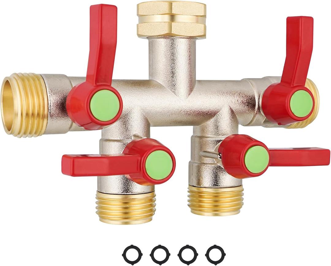 EJW Garden Hose Splitters, 4 Way Hose Splitter, Water Hose Splitters, Hose Bib Splitter, 4 Way Heavy Duty High Flow Splitter, Brass Hose Splitter, Spigot Splitter,Valve 3/4 Inch GHT Thread. (Green)