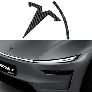 Metal Emblem for Tesla Model Y Juniper 2026+, Logo Cover Anti-Fade, All-Weather, Easy Install, Multiple Colors for Tesla Y Juniper Accessories (Front, Black Carbon Fiber Pattern)