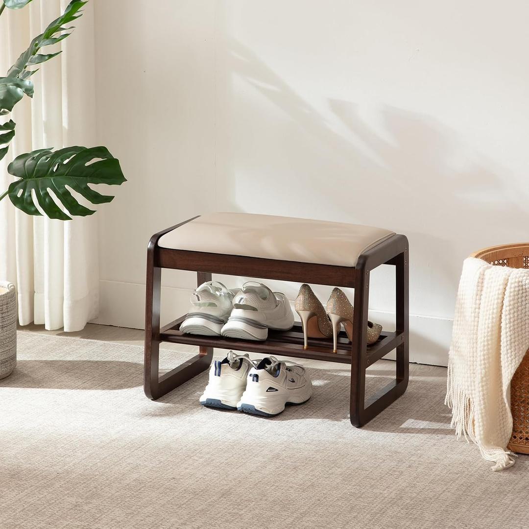 Achicsofar Small Shoe Rack Bench,2 Tier Wooden Entryway Bench with Shoe Storage, Shoe Rack with Cushion for Living Room, Hallway(Pu Beige, 21.6")