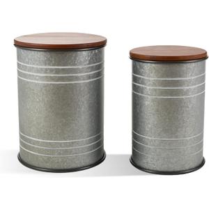 Glitzhome Rustic End Table Set of 2, Farmhouse Galvanized Metal Barrel Ottoman Storage Stool with Round Wood Lid for Living Room Furniture, Grey, Large, Small