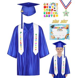 AOTHSO 8Pcs Preschool Graduation Gown Cap Set DIY 2026 with Tassel Stole Certificate Medal Kindergarten Set for Toddler Kids, Blue XS