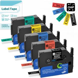 Classic Color BZ Tapes for D210S H1100 E1000 Label Maker, 12mm 0.47 Laminated CHIP Label Tapes Refills, Black(3B35Z) Red(3B41Z) Blue(3B51Z) Yellow(3B61Z) Green(3B71Z), 5-Packs